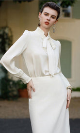 Ivory Elegance Ruffled Silk Blouse - FashionByTeresa